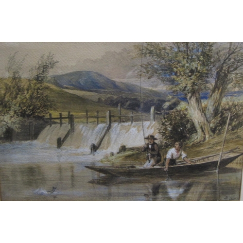 673 - ENGLISH SCHOOL CIRCA 1870. Anglers fishing near a Weir, watercolour heightened with white, 8 1/2 x 1... 