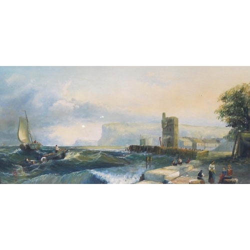 680 - LATE 20th CENTURY SCHOOL. A Coastal landscape with fishing boats off a Jetty, oil on panel, 8 x 16 i... 