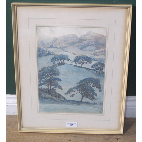 681 - CECILY WILLIAMS-ELLIS. Upland Valley, watercolour,  inscribed as title on the reverse,; a watercolou... 