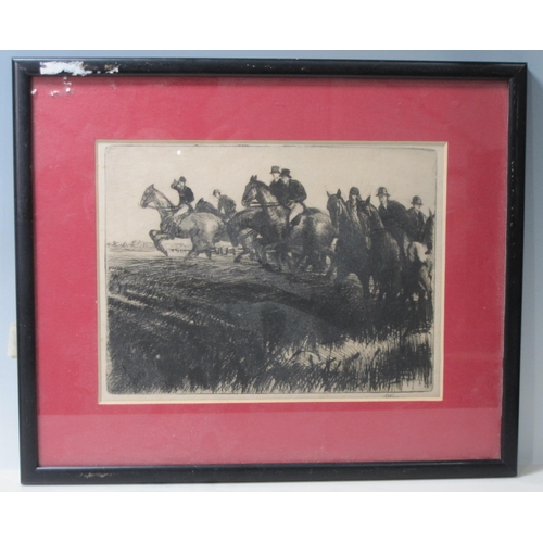 687 - ENGLISH SCHOOL CIRCA 1910. Mounted riders on a hunting Field, etching, indistinctly signed in lower ... 