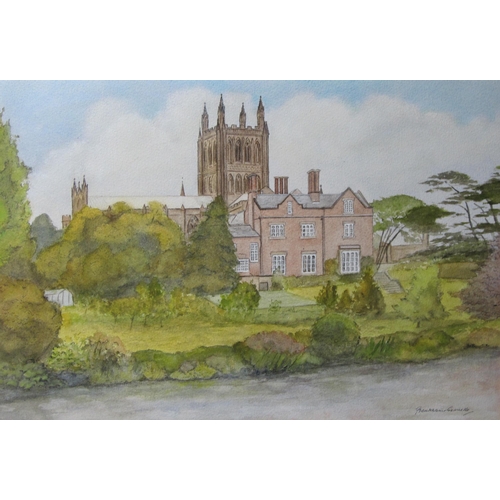 688A - FRANKHAM GONNELL Hereford Cathedral signed, acrylic, 15 x 18 in , and two watercolours by the same a... 