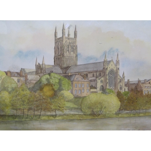 688A - FRANKHAM GONNELL Hereford Cathedral signed, acrylic, 15 x 18 in , and two watercolours by the same a... 