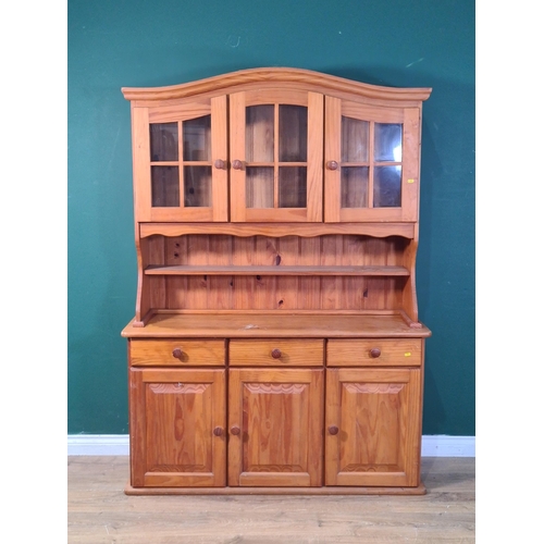 694 - A modern pine Dresser and Rack with glazed doors above drawers and cupboard doors, 5ft 11