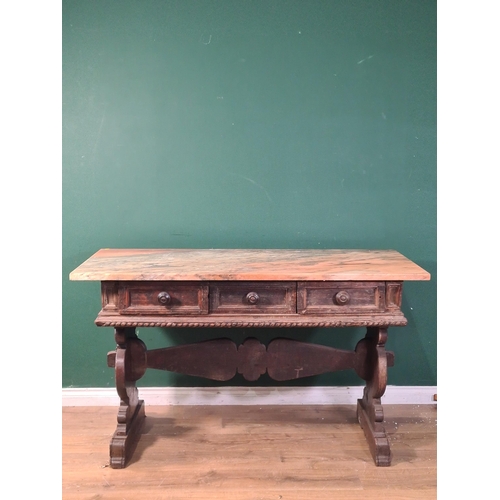 696 - An antique continental Serving Table with marble top, three fitted drawers, raised on shaped support... 