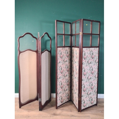 697 - Two mahogany framed Dressing Screens with glazed top sections one with with cream upholstery the oth... 