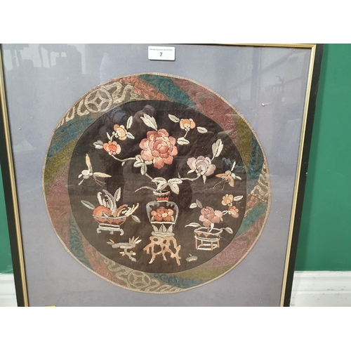 7 - A Chinese needlework circular Panel depicting vase of flowers, 17in, framed and glazed (R2)