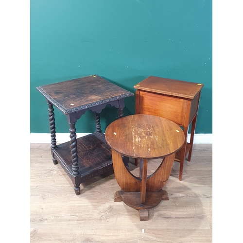 738 - A circular Occasional Table with carved oak two tier Table and an Edwardian Sewing Table, (R8)