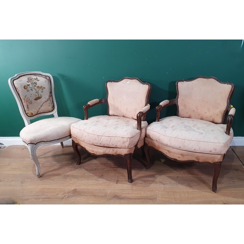 740 - A pair of upholstered French style Elbow Chairs, A/F, and a white painted single Chair, (R9)