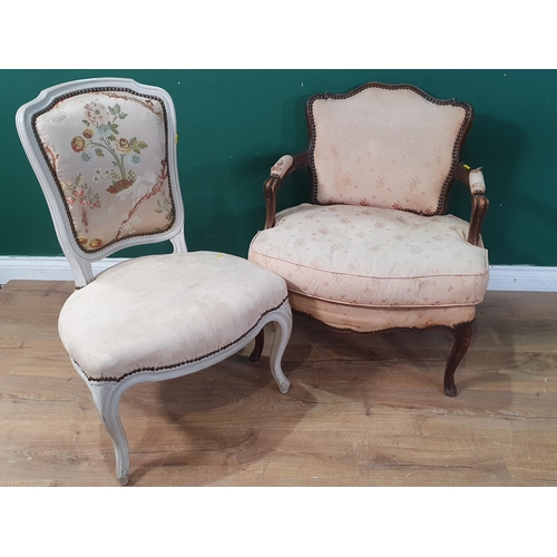 740 - A pair of upholstered French style Elbow Chairs, A/F, and a white painted single Chair, (R9)