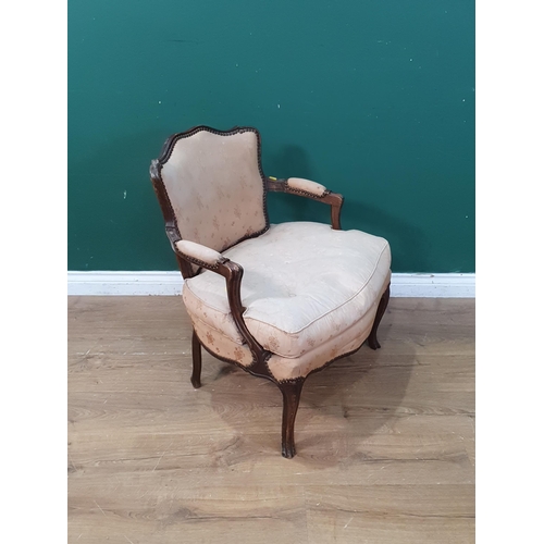 740 - A pair of upholstered French style Elbow Chairs, A/F, and a white painted single Chair, (R9)