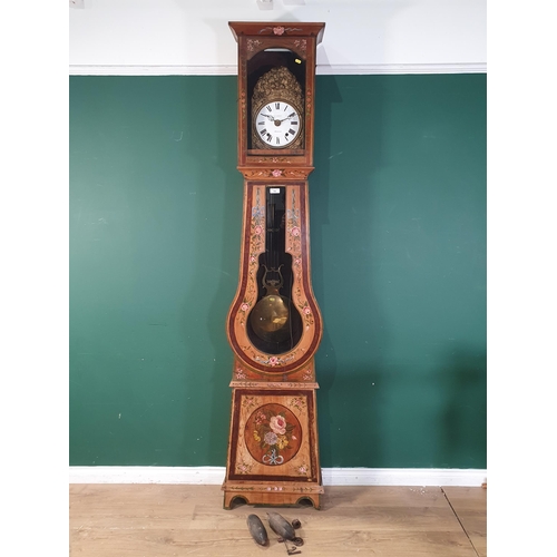 742 - A French Country Comtoise Long Case Clock with painted decoration of flowers , having embossed brass... 