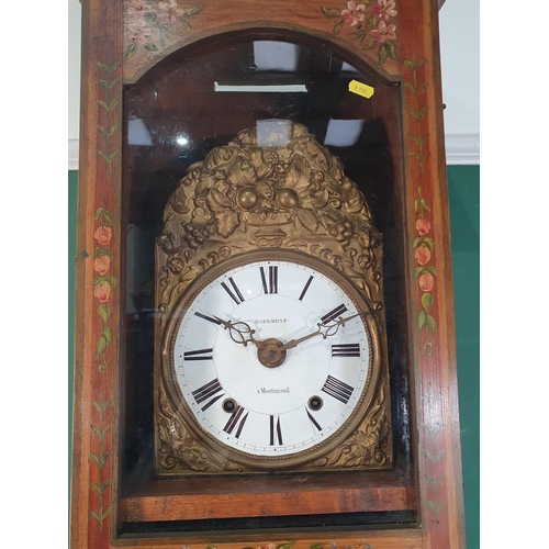 742 - A French Country Comtoise Long Case Clock with painted decoration of flowers , having embossed brass... 