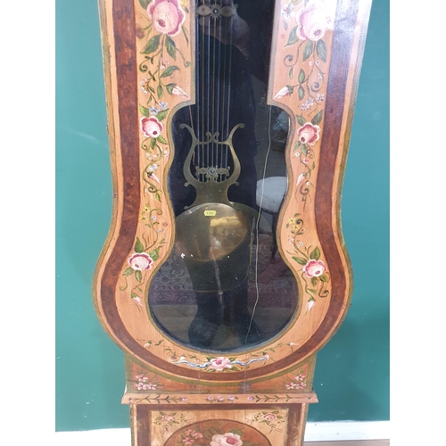 742 - A French Country Comtoise Long Case Clock with painted decoration of flowers , having embossed brass... 