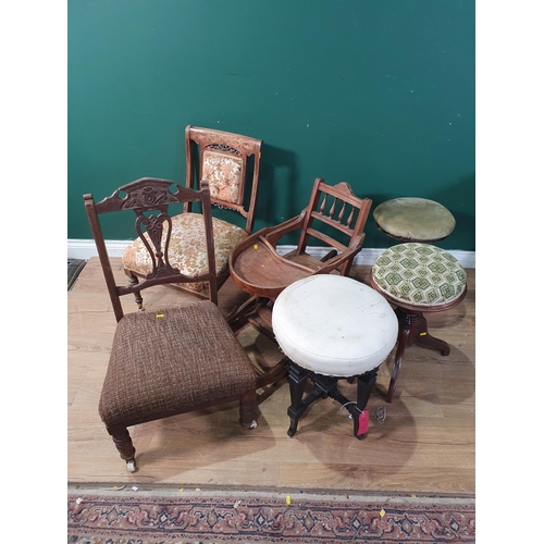 757 - Two Victorian adjustable Piano Stools, an ebonised Piano Stool, two Nursing Chairs, a swing Mirror, ... 