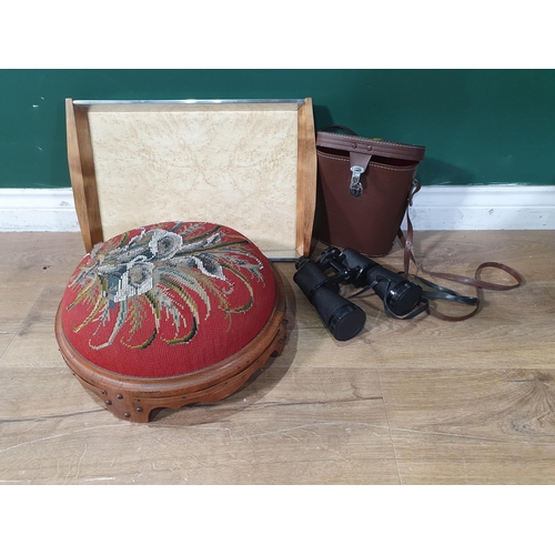 771 - A Victorian Footstool with beadwork decoration, A/F, a picquot ware Serving Tray and a cased pair of... 