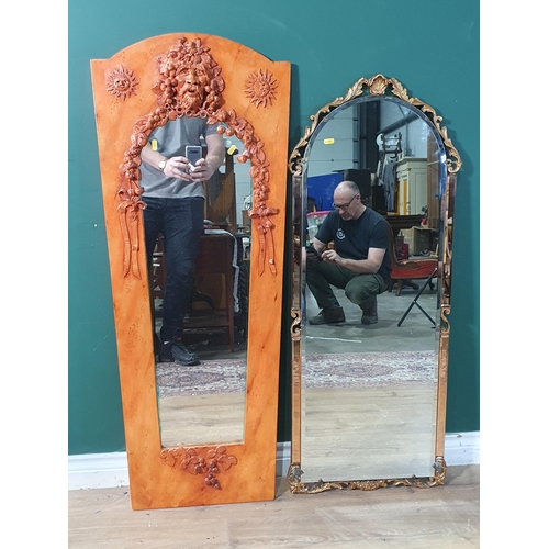 776 - An Art Deco style Wall Mirror with gilt foliate surmount, 3ft 9in H, and another Wall Mirror with fr... 