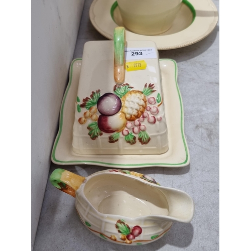 470 - A Clarice Cliff Newport Pottery Soup Bowl, a Wilkinson Ltd floral moulded Jug and a Biscuit Barrel, ... 