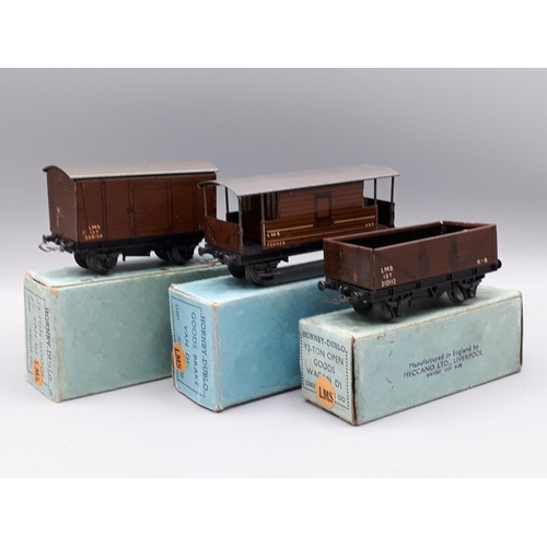 1012 - Three boxed pre-war Hornby Dublo LMS Wagons, comprising Brake Van with slight mark to roof, Open Wag... 