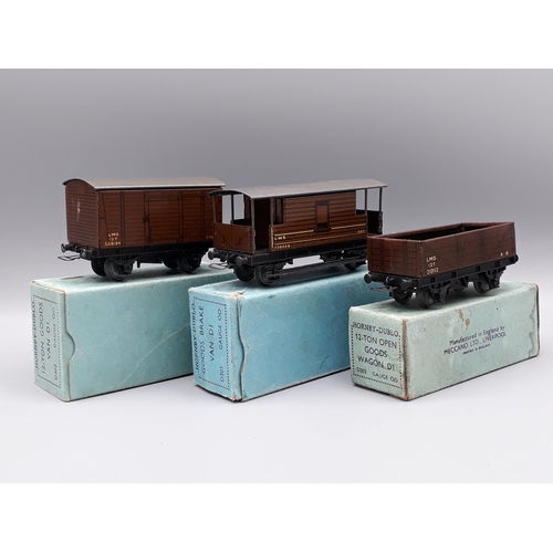 1012 - Three boxed pre-war Hornby Dublo LMS Wagons, comprising Brake Van with slight mark to roof, Open Wag... 