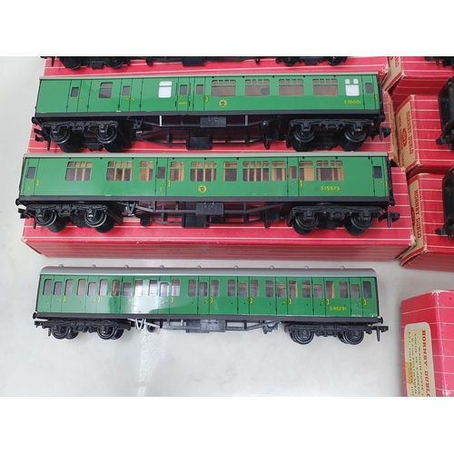 1170 - Nine Hornby Dublo Coaches including SR Corridor, SR Suburban, 3 rail Restaurant Car, 2 rail T.P.O Se... 