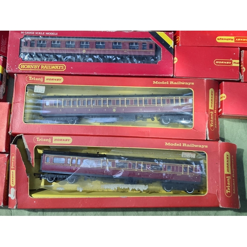 1242 - A box of boxed Hornby 00 gauge Coaches and Wagons including LMS Composite Coaches, BR Composite Coac... 