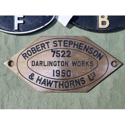 1300 - A brass hexagonal Plaque engraved 'Robert Stephenson & Hawthorns Ltd., 7522 Darlington Works, 1950',... 