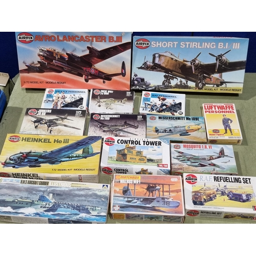 1655 - A box of Airfix and Matchbox Aircraft and Ship Kits and Figures including Heinkel He111, Short Stirl... 