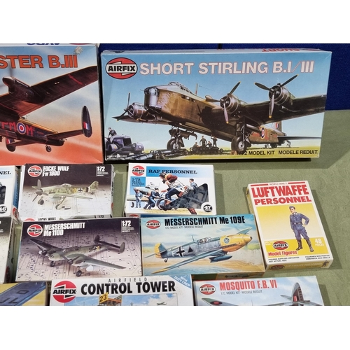 1655 - A box of Airfix and Matchbox Aircraft and Ship Kits and Figures including Heinkel He111, Short Stirl... 