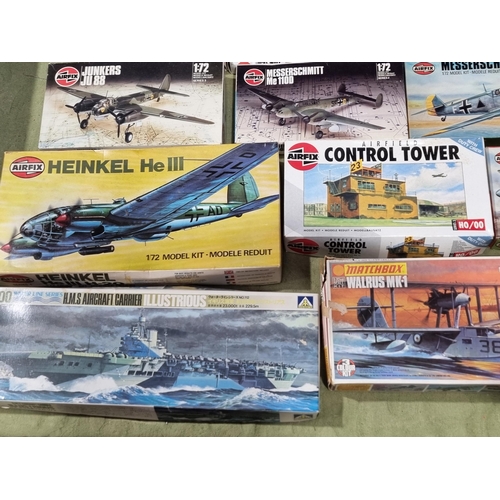 1655 - A box of Airfix and Matchbox Aircraft and Ship Kits and Figures including Heinkel He111, Short Stirl... 