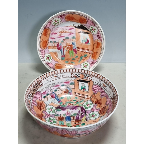 254 - A New Hall ceramic Bowl with all over famille rose pattern, figures within a landscape double border... 