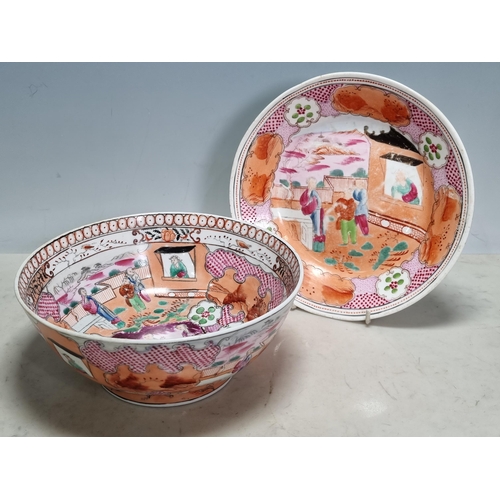 254 - A New Hall ceramic Bowl with all over famille rose pattern, figures within a landscape double border... 