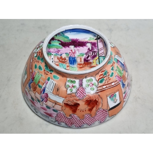 254 - A New Hall ceramic Bowl with all over famille rose pattern, figures within a landscape double border... 