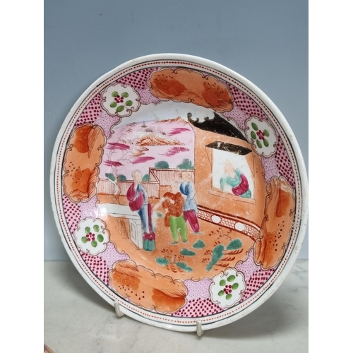 254 - A New Hall ceramic Bowl with all over famille rose pattern, figures within a landscape double border... 