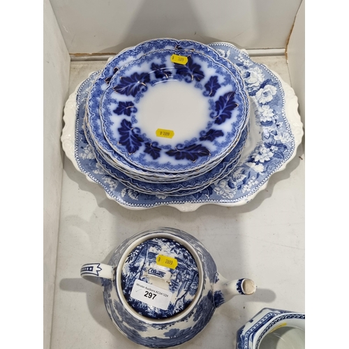 286 - A selection of blue and white China including a Wedgwood 'Fallow Deer' Jug, a Teapot, Flow Blue Plat... 