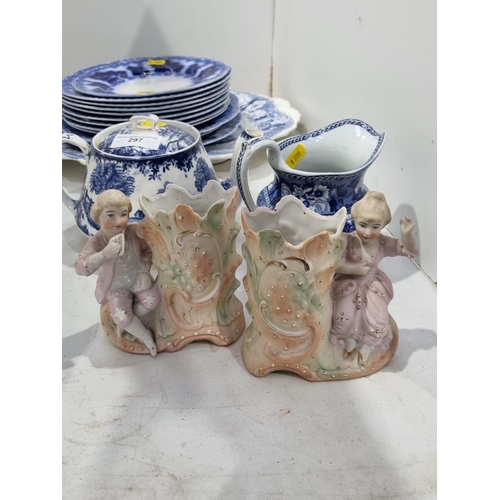 286 - A selection of blue and white China including a Wedgwood 'Fallow Deer' Jug, a Teapot, Flow Blue Plat... 