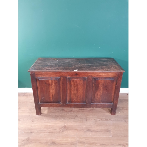 609 - An antique oak Coffer with three panel front, and panelled ends, A/F, 2ft 7