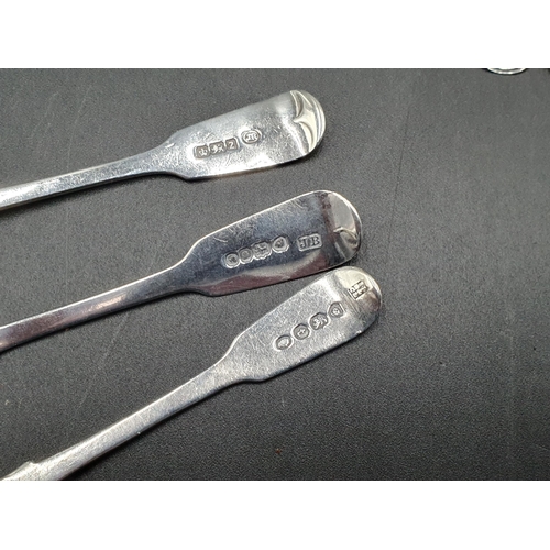 109 - Four early 19th Century silver Condiment Spoons, Georgian Teaspoon, Coffee Spoon and plated Spoon