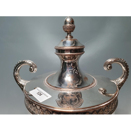 124 - A Sheffield plated Tea Urn with leafage and swag decoration, the cover engraved crest and motto, wit... 