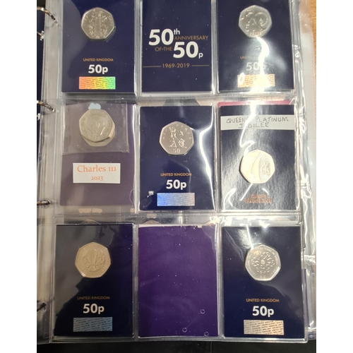 159 - A Collection of 50 pence pieces and two pound Coins, in change checker Album, to include a 2019 re-i... 