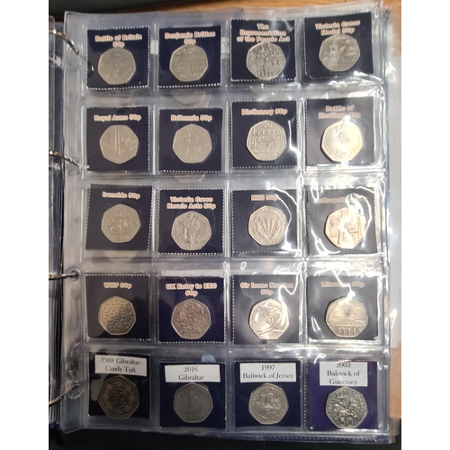 159 - A Collection of 50 pence pieces and two pound Coins, in change checker Album, to include a 2019 re-i... 