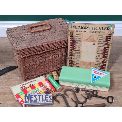 182 - Two Hooks, a Picnic Basket, a metal 'Memory Tickler of Household Requirements', etc, (R6)