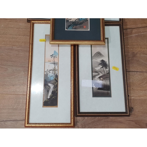 206 - Five framed Oriental pictures/river landscapes, some possibly on rice paper, to include a small Japa... 