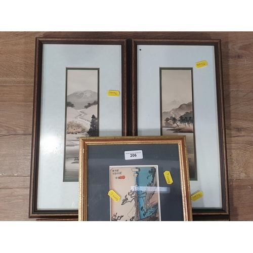 206 - Five framed Oriental pictures/river landscapes, some possibly on rice paper, to include a small Japa... 