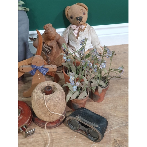 234 - Three soft Toy Cats, a vintage soft toy Monkey, a wooden Ginger Breadman, Dog, three faux Plants in ... 