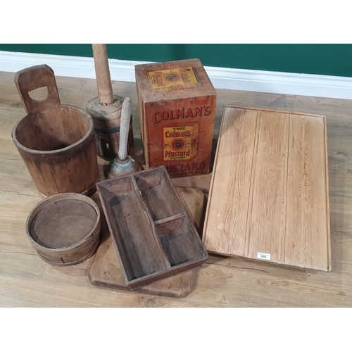 236 - A three division Cutlery Tray, a Sieve, a Draining/Wash Board, a Colman's Mustard Crate, a Dolly, a ... 