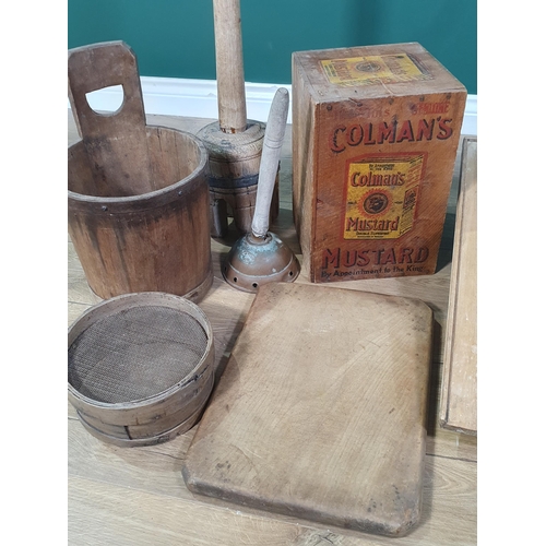 236 - A three division Cutlery Tray, a Sieve, a Draining/Wash Board, a Colman's Mustard Crate, a Dolly, a ... 