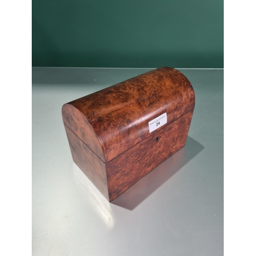 24 - A burr walnut dome top Tea Caddy, with interior glass bowl and compartment, 6.5