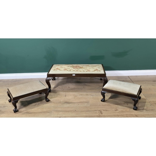 242 - A needlework upholstered long Footstool on cabriole supports and a pair of matching Footstools, (R6)