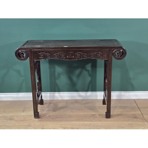 245 - A Chinese hardwood Altar Table with scrolled ends and moulded square supports, 3ft 7in W x 2ft 8in H... 