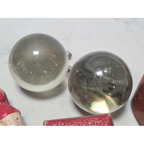 249 - A pair of Glass Balls, a Cloisonné type Butterfly Trinket Box, a heart shaped wooden Box with interi... 